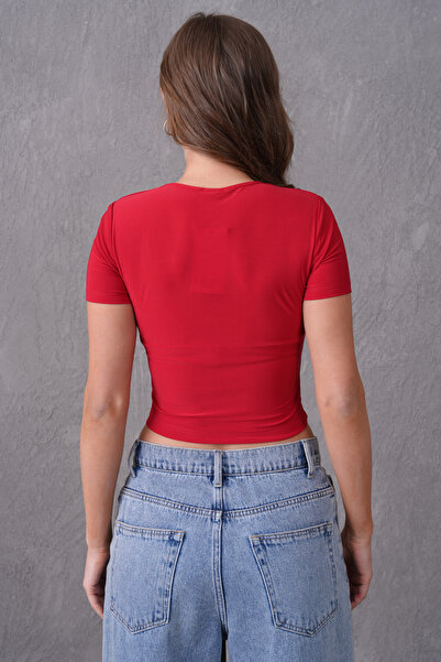 bayansepeti Red Flexible Fabric Square Neck Collar Designed Short Sleeve 42/43 Cm Blouse 10432