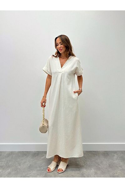 Maldia Shop Γυναικείο λινό φόρεμα με λαιμόκοψη V