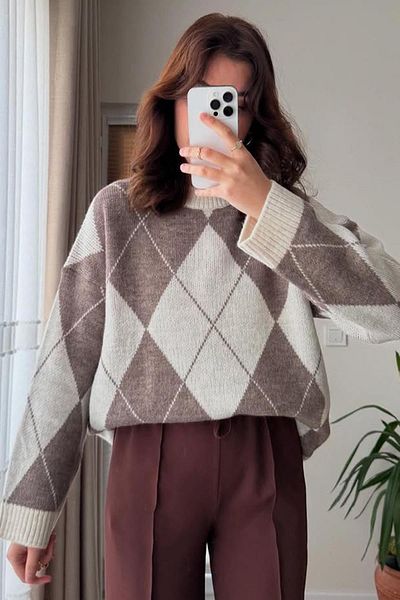 Madmext Ecru Diamond Pattern Women's Knitwear Sweater Mg2190
