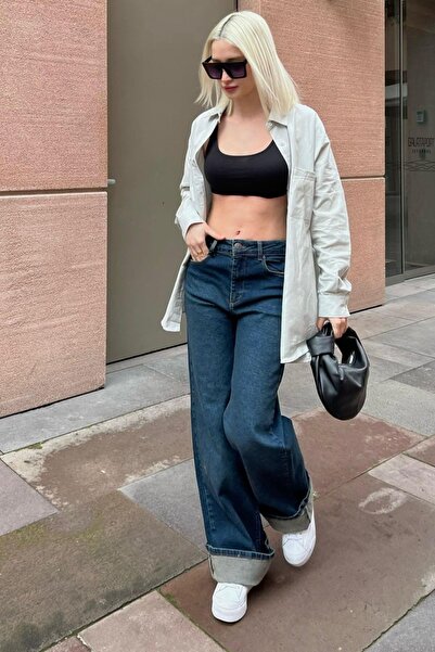 Madmext Koyu Mavi Straight Wide Kadın Jean MG2000