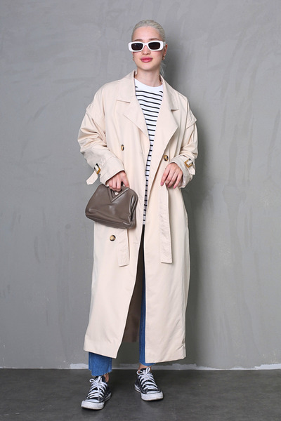 Madmext Cream Draped Long Trench Coat MG1913