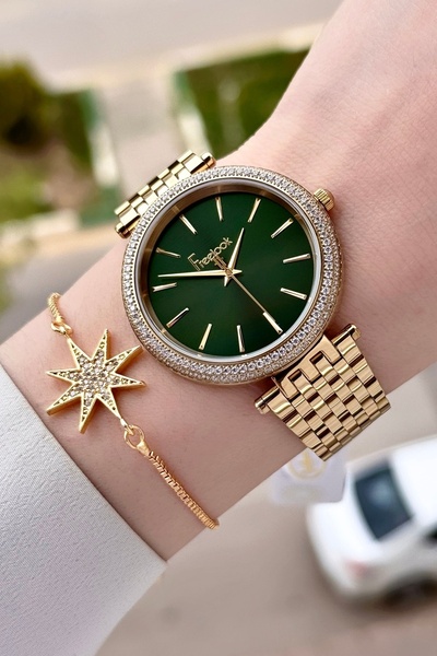 Freelook Kadranı Yeşil Kordonu Gold Renk 38 Mm Kadın Kol Saati Ve Bileklik
