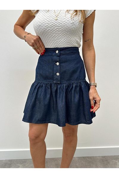 Maldia Shop Fusta scurtă de blugi din denim albastru cu volan pentru femei