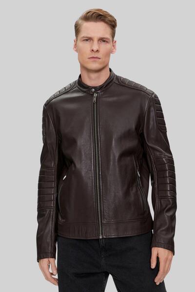 BOSS Erkek Regular Fit Deri Ceket Kahverengi