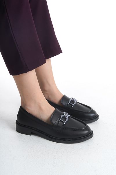 pelivia natural living Women's Black Loafer Large Round Silver Buckle Casual Moccasin Patent Leather Daily Stylish and Comfortable Shoes