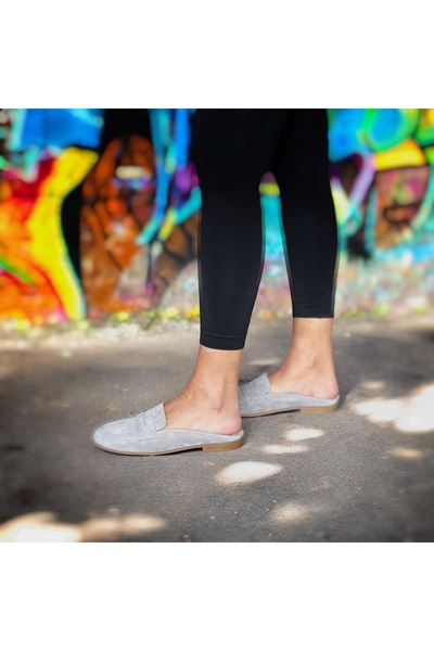 NE&VE SHOES Gray Suede Kakiki Leather Women's Flat Slippers