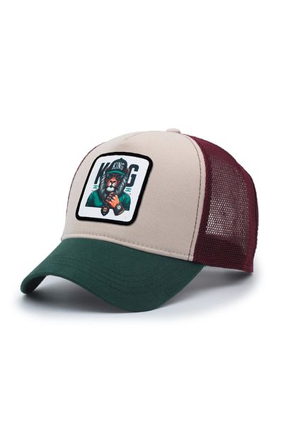 Trucker King Model Interchangeable Emblem Mesh Hat Green Beige Claret Red