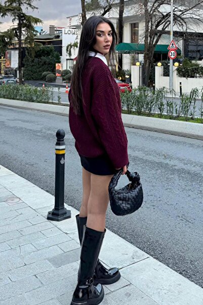 Madmext Burgundy Crew Neck Knitted Knitwear Sweater Mg2009