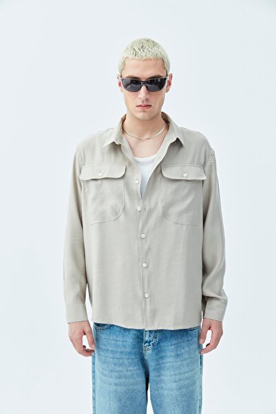 VAMOSCLO Çift Cep Detaylı  Uzun Kol Modal Kumaş  Gömlek Bej