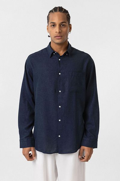 VAMOSCLO Pocket Detailed Oversize Long Sleeve Shirt Navy Blue