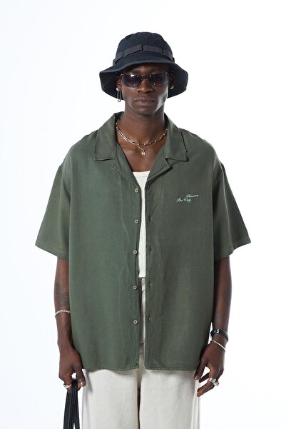 VAMOSCLO قميص قصير الأكمام مطبوع من الخلف مقاس كبير قابل للغسل بدون جيوب كاكي