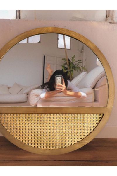 arykanda Ahşap Rattan Hazeran Duvar Aynası 60 Cm Çap