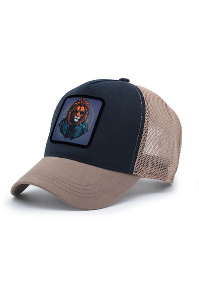 Trucker Lion Model Interchangeable Crest Mesh Hat Brown Navy Blue