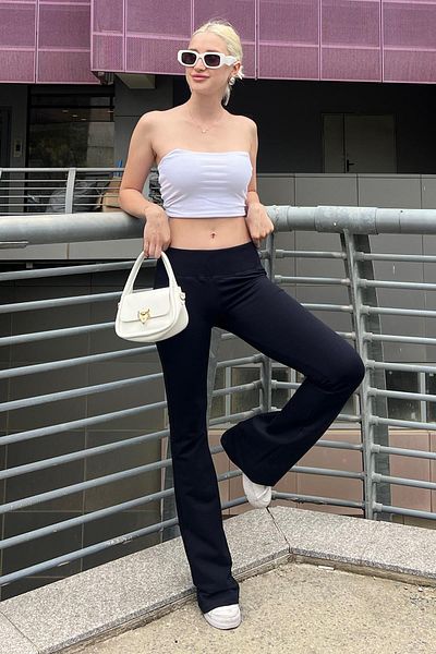 Madmext High Waist Navy Blue Spanish Leg Trousers - Ribbed Waist MG2096
