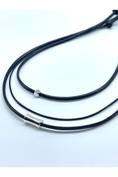 Concept HuBuTU Minimal Gümüş Kaplama Boru Objeli Erkek Siyah Suni Deri Ip Bohem Kolye Seti (3 ADET)