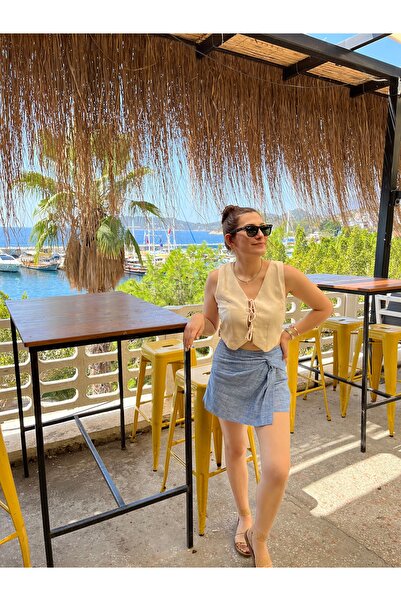 Butik Merve Sarıkaya Kadın Keten Bağlamalı Crop Yelek - Bej Renk