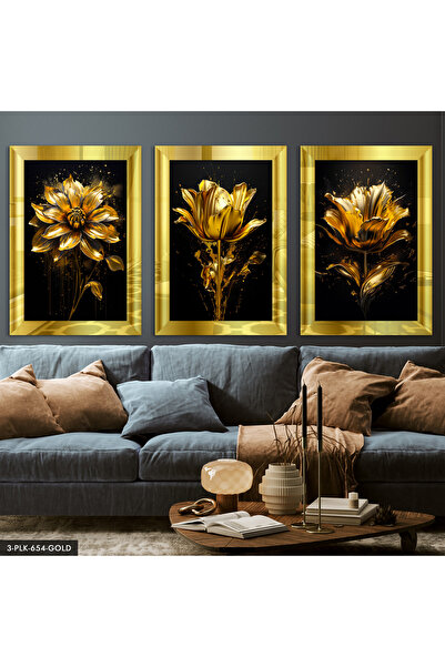Evinemoda Gold Çiçekler Siyah Üzerine 3 Parça Pleksi Aynalı Tablo