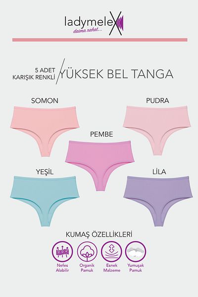 LadyMelex Tanga de damă din bumbac cu talie inalta - 5 bucati, culori mixte