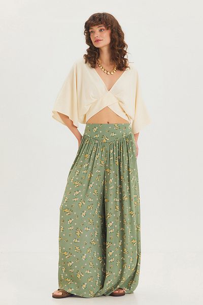 Clandestino Patterned Waist Gimped Loose Skirt Trousers Green