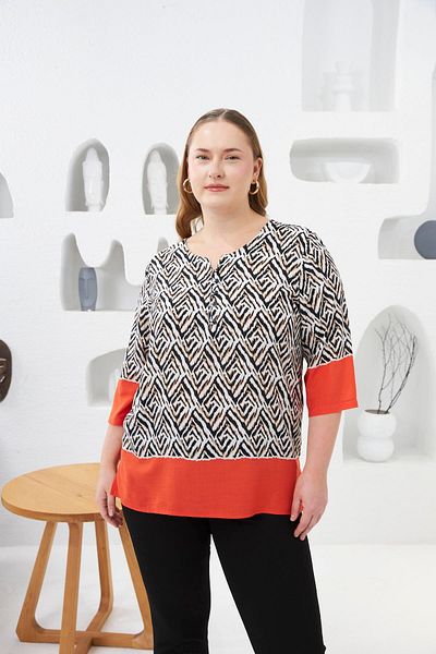 RMG Patterned Large Size Collar Buttoned Blouse