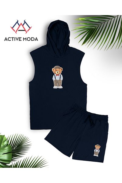 ACTIVE MODA -طقم شورت بدون أكمام مطبوع عليه دمية دب للرجال مكون من قطعتين مقاس كبير