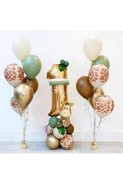 Flippy 30 Baloane PRIMA ANIVERSARE, Flippy, Latex 30 cm, 25cm, Girafa 32x34 cm, Cifra 1, 76 cm, Multicolor