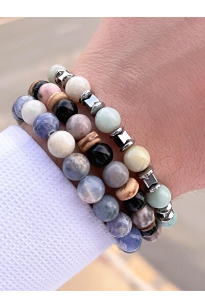 NURSAAT 3 قطع تصميم خاص للجنسين سوار الحجر الطبيعي شقرا والفيروز واليشم والعق...