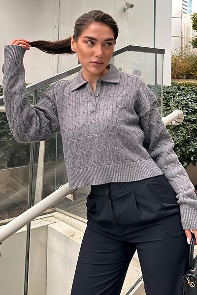 Madmext Anthracite Braided Hair Polo Collar Women's Sweater Mg2310