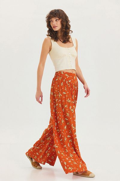 Clandestino Patterned Waist Gimped Loose Skirt Trousers Orange