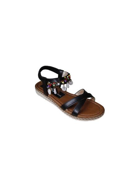 Yaz Kış Ayakkabı YAZKIŞ Kadın Siyah Bileği Lastikli Boncuklu Düz Taban Sandalet