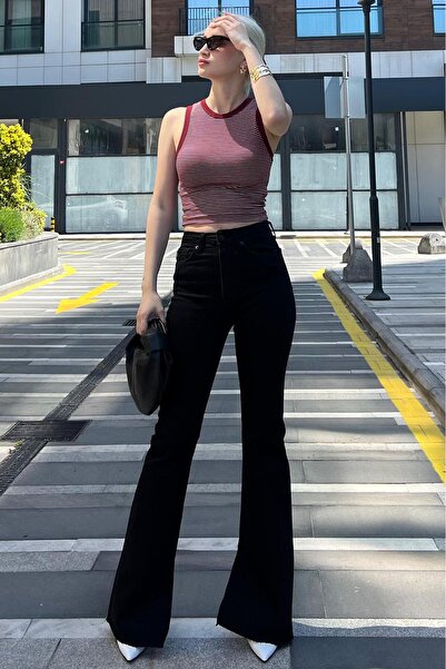 Madmext Kadın Siyah Yırtmaçlı Likralı İspanyol Paça Jean Pantolon Mg1518