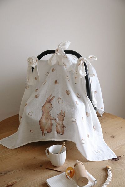 DoDo'S Baby Double Deck Heart Rabbit Family Patterned Organic Muslin Stroller Cover