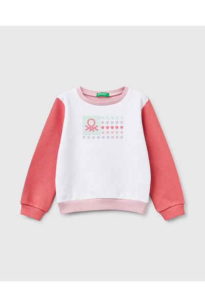 United Colors of Benetton Girl's White Mix Silvery Benetton Logo Printed Crew Neck Sweatshirt