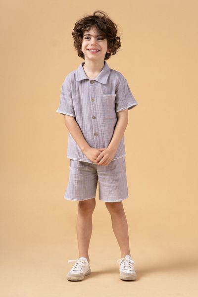 Minipodyum Boy's Shirt Shorts Muslin Summer Double Set