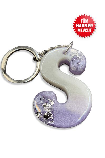 BİZİMSÜS S Letter Marble Pattern Lilac Keychain - Gift Keychain - Epoxy