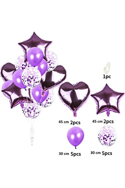 Flippy Set of 14 Foil & Latex Balloons (Star & Heart), 45 cm, Purple