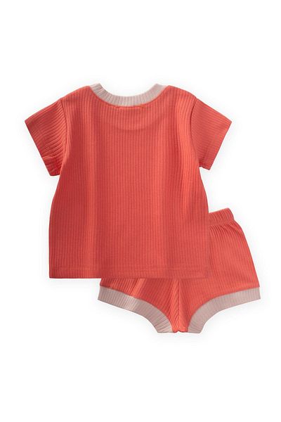 Cigit Bird Embroidered Garnished Corded Suit 0-5 Years Old Coral