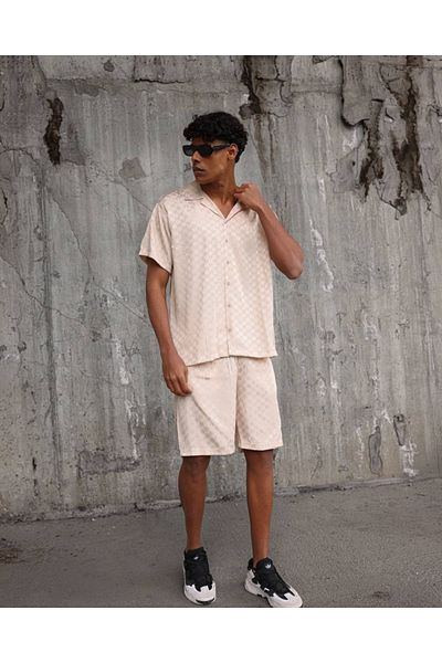 THIMOON Men's Beige Patterned Shirt and Shorts Set Summer Stylish and Comfortable Double Combination