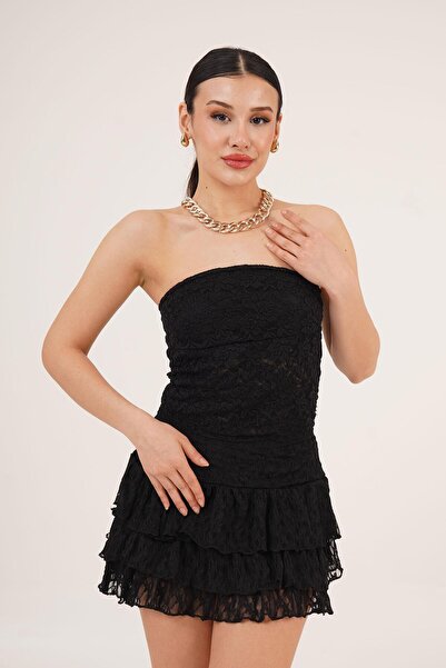 Hipo Trend Fusta mini neagră din dantelă stratificată