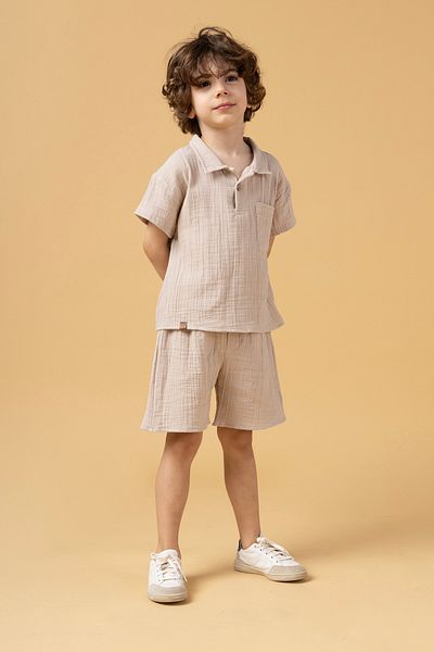 Minipodyum Boy's Placket Shirt Shorts Muslin Summer Double Set