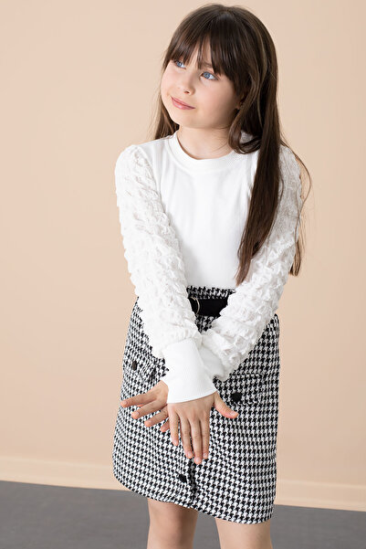 Cansın Mini Ecru Houndstooth Patterned Skirt and Badili Girl's 2 Piece Set 20652
