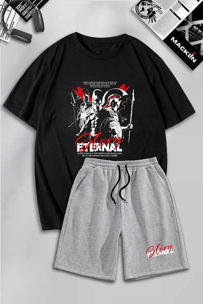 Mythologie Black Gray Eternal Glory T-Shirt Shorts Combination Suit - Printed Oversize Crew Neck
