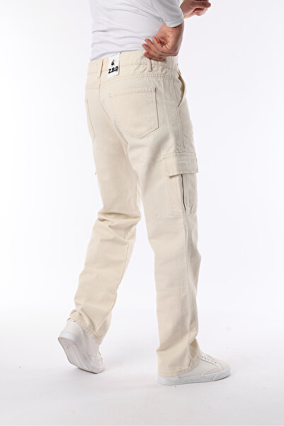 comstar Erkek Bol Paça Kargo Cepli Basic Ekru Baggy Pantolon
