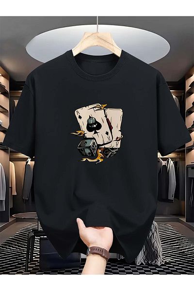 Mythologie Tricou Black Card - Manecă scurtă cu decolteu oversize imprimat
