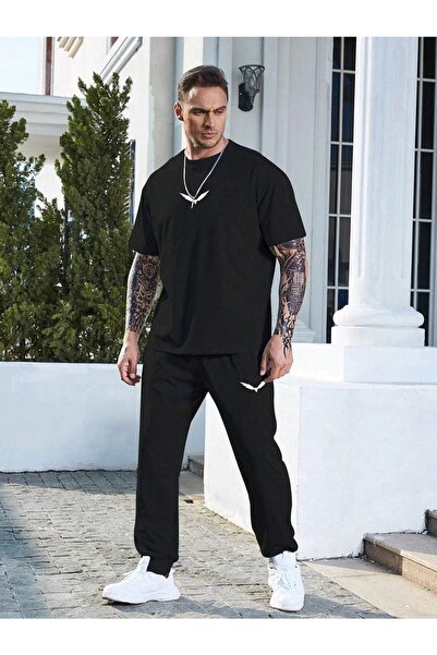 Mythologie Μαύρο T-Shirt Μαύρο Sweatpants Jogger - Μπλουζάκι με στάμπα κάτω επάνω σετ Crew Neck