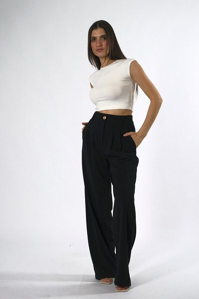 ABBRA Pantaloni Palazzo de damă cu nasturi aurii și talie elastică