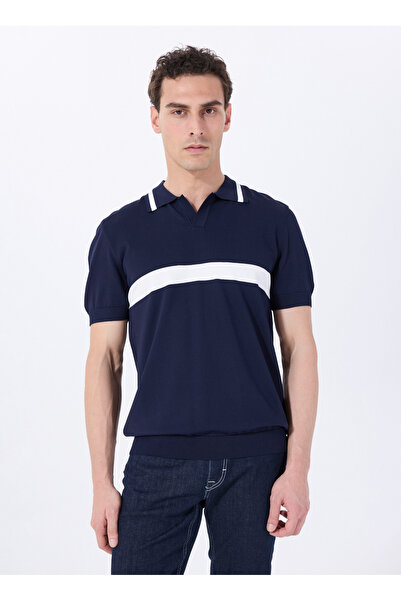 Jeep Polo Yaka Relaxed Blok Desenli Lacivert - Beyaz Erkek Kazak J5SM-KZK7243