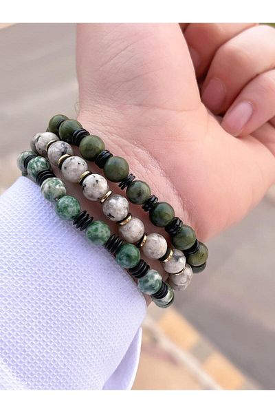 NURSAAT 3 Piece Special Design Unisex Natural Stone Bracelet Onix-Smoky Quartz-Moldavit09