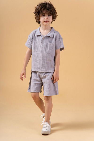 Minipodyum Boy's Placket Shirt Shorts Muslin Summer Double Set