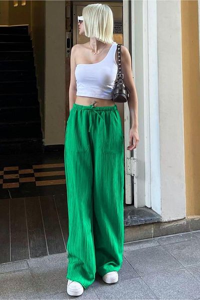 Madmext Green Pocketed Wide Leg Women's Trousers MG1882